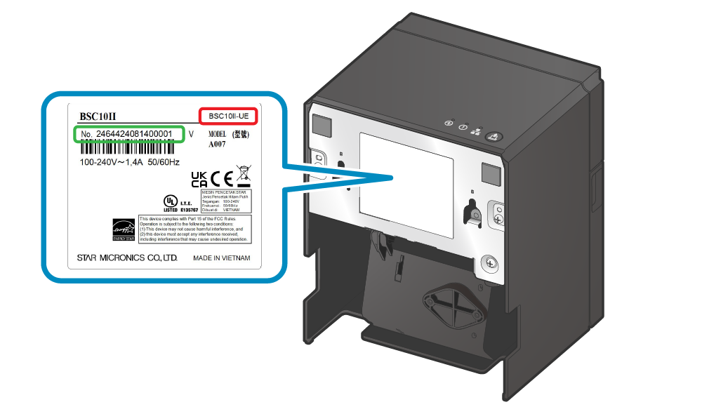 產品名稱與序號標示在，機器本體底部標準印刷的貼紙上。產品名稱顯示在上方產品商標的右側。產品序號顯示在產品商標下方以 "No." 為開頭的 16 個數字。