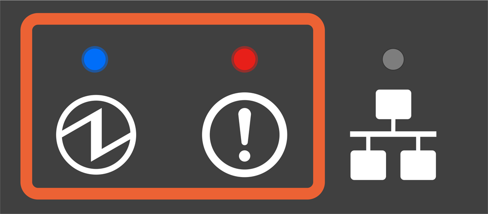 電源 LED 燈恆亮，錯誤 LED 燈恆亮。