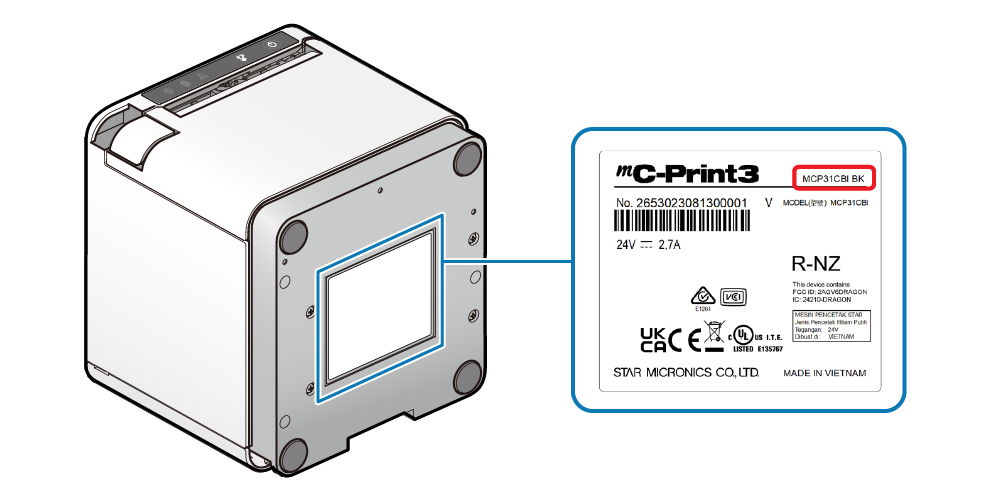 機型資訊顯示於印表機底部銘板如圖標示的紅框處。